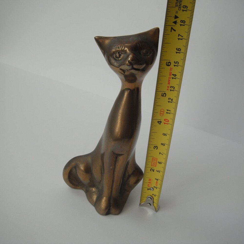 Vintage Solid Brass Cat Figurine Siamese Sitting Up Tall - 7in Korea Decor Art